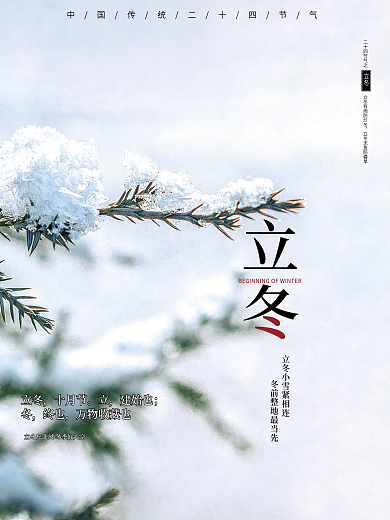 二十四节气立冬树枝雪地海报