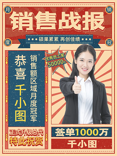 简约复古员工销售战报海报