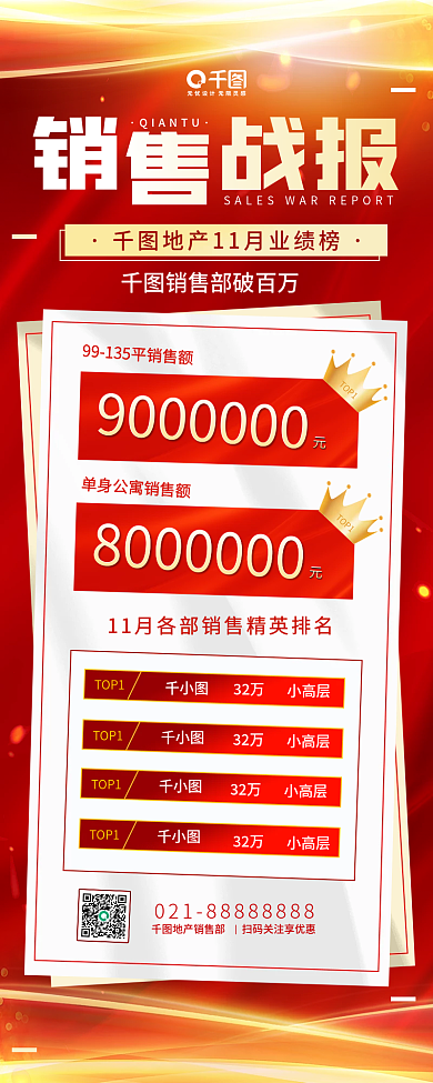 红色渐变销售战报喜报简约排行榜长图海报
