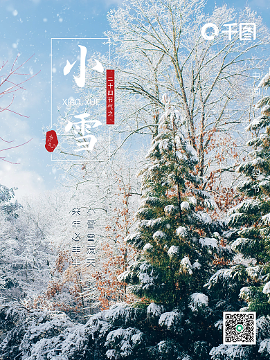 二十四节气小雪松树明信片海报