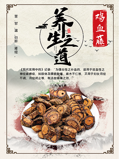 中国风养生中药鸡血藤养生之道水墨养生海报