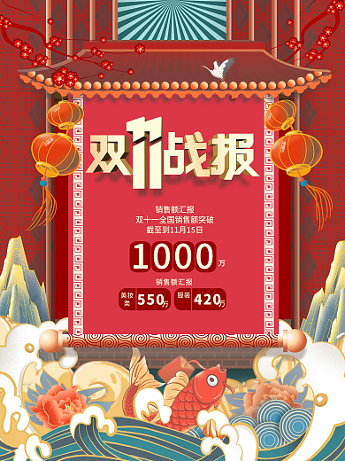 国潮中国风喜庆双十一双11喜报战报海报