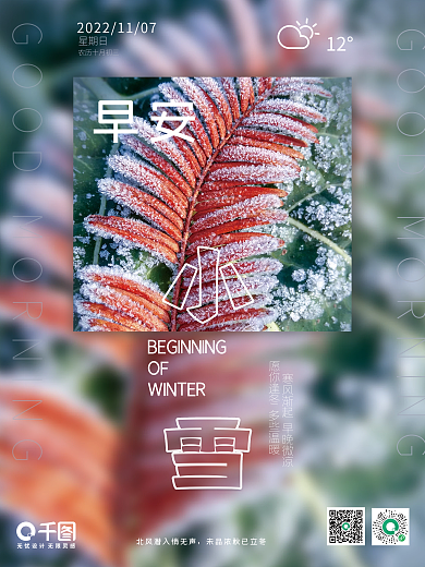 日签摄影图立冬红叶雪花