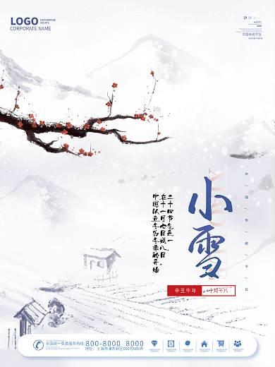 简约大气留白二十四节气小雪雪花海报