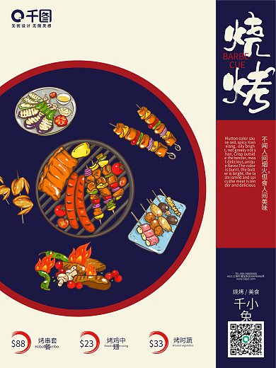 日式蓝红烧烤美食海报