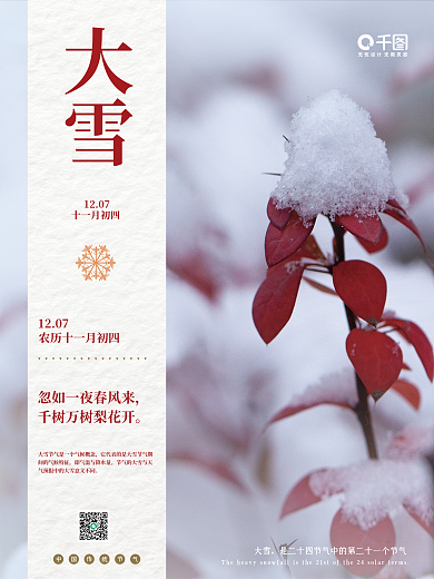 二十四节气大雪蓝色简约创意文艺摄影图海报