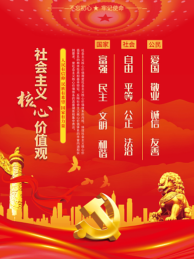 大红党建风社会主义核心价值观党建展板海报