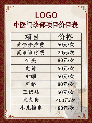 简约复古中国风中医艾灸针灸养生项目价目表