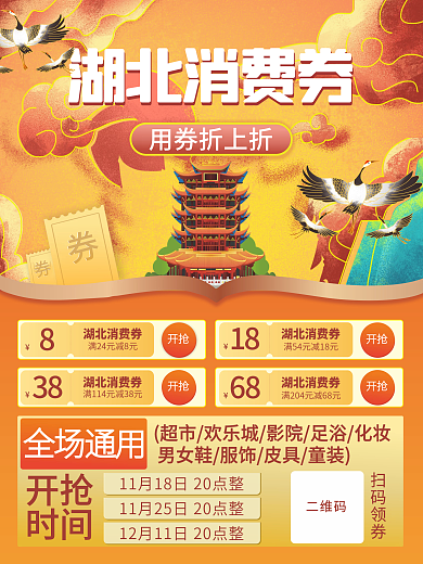 商业国潮湖北消费券代金券折扣活动促销海报