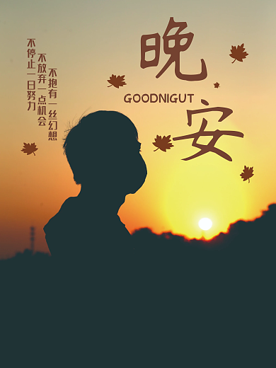 晚安健康语录夕阳落叶简约海报