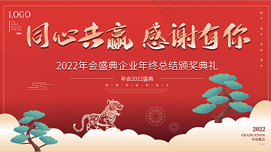 大气高端红金中式企业年终答谢年会背景展板