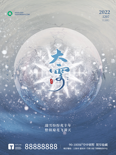 蓝色梦幻雪花飞舞大雪节气海报