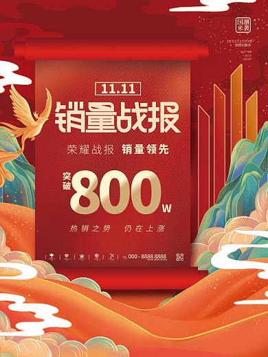创意国中国风喜庆双十一销量喜报战报海报