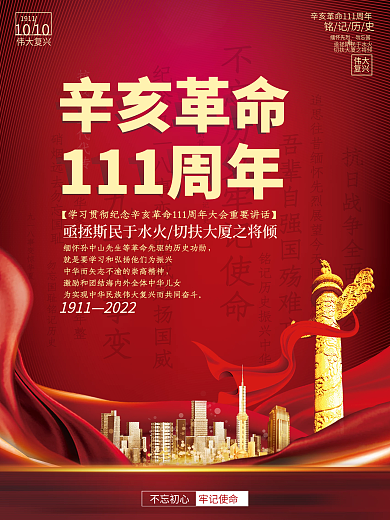 纪念辛亥革命111周年大会讲话海报