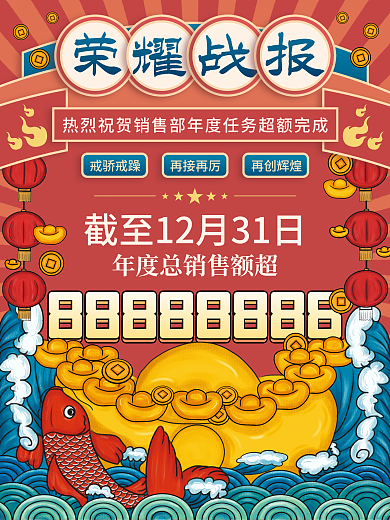 复古国潮金融保险年度销售喜报海报