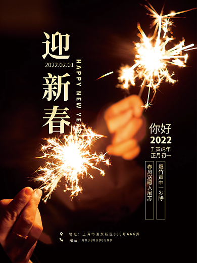 2022新年海报 简约 春节 黑色 烟花
