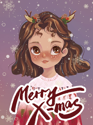 原创手绘圣诞麋鹿妆女孩节日海报
