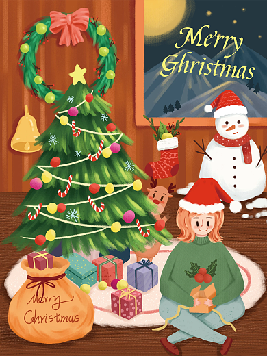 圣诞快乐圣诞树花环温馨场景插画手绘海报