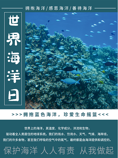 简约蓝色世界海洋日保护宣传海保护海洋海报