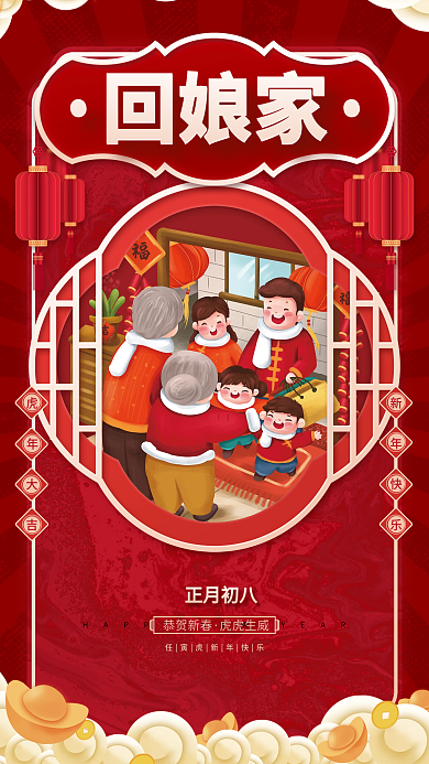 中国风初二回娘家过年新年春节年俗节日海报
