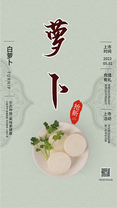 复古淡青色系列白萝卜销售海报