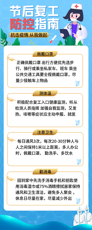 蓝色医疗节后复工疫情防控指南长图海报