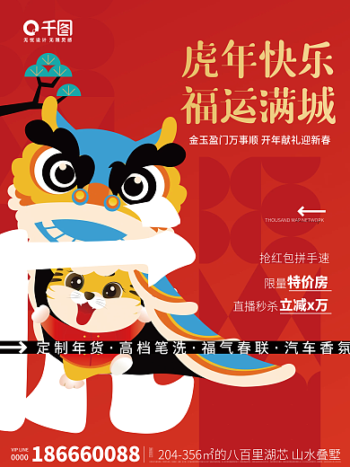 原创虎年喜庆地产春节新年促销热销活动海报