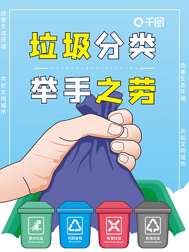 矢量简约卡通手绘环保保护环境垃圾分类海报