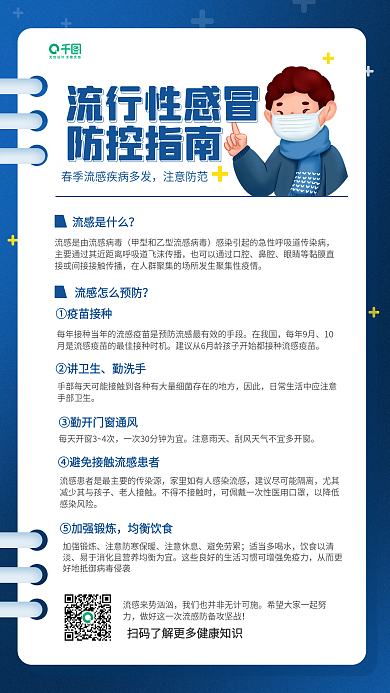 流行性感冒防空指南蓝色知识科普手机海报