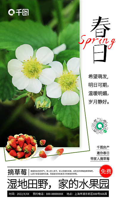 摘草莓春日朋友圈海报