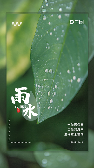 简约清新绿色二十四节气雨水宣传海报摄影图