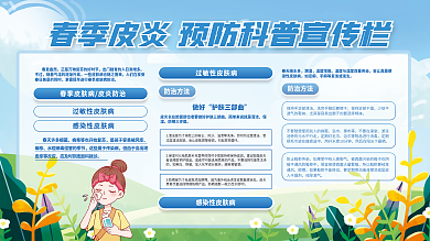 简约蓝色医疗健康春季皮炎预防科普展板