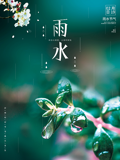 中式传统二十四节气雨水节气绿色宣传海报