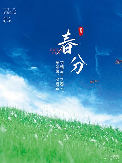 春分海报草地风筝蓝天白云二十四春风