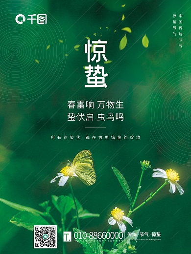 简约小清新绿色二十四节气惊蛰手机节日海报