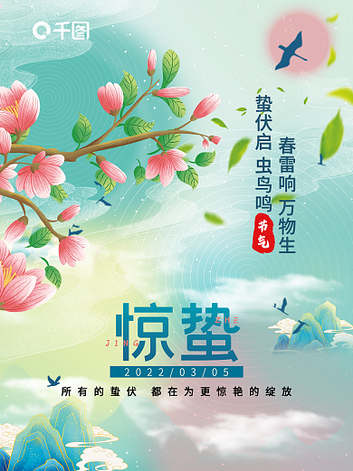 小清新二十四节气惊蛰国潮大气简约海报