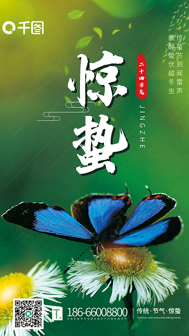 简约小清新绿色二十四节气惊蛰手机海报