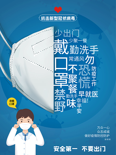 蓝色疫情防护佩戴口罩宣传海报展板