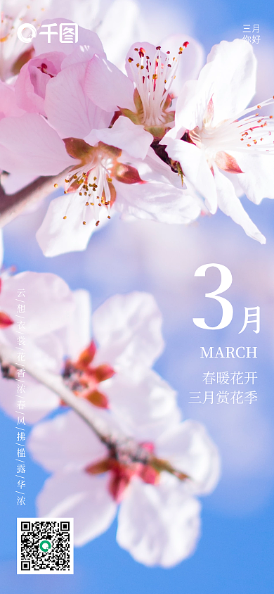 桃花日签月签小清新三月你好手机海报配图