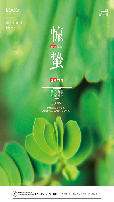 创意绿色二十四节气惊蛰春天春暖花开海报