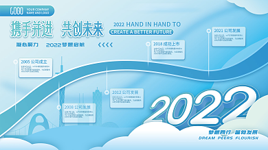 简约蓝色创意企业发展历程宣传展板