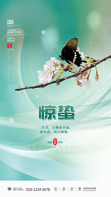 简约清新青色惊蛰蝴蝶传统节气海报