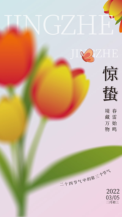 弥散风花朵创意惊蛰简约海报