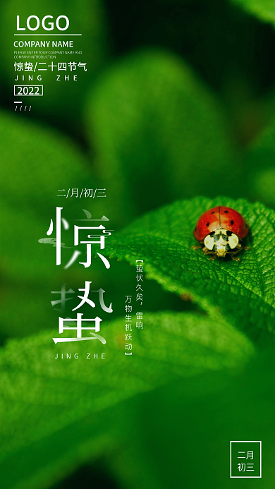 简约清新绿色二十四节气惊蛰手机海报