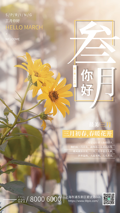 简约美丽三月你好向日葵摄影赏花日签海报