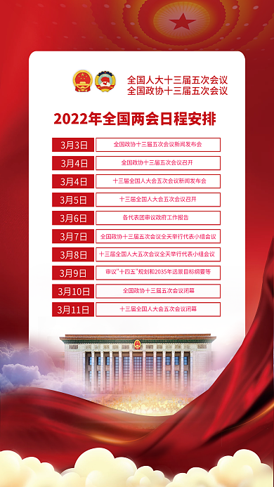 党建风2022年全国两会议程日程宣传海报
