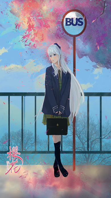 日系樱花学院少女二次元手绘海报