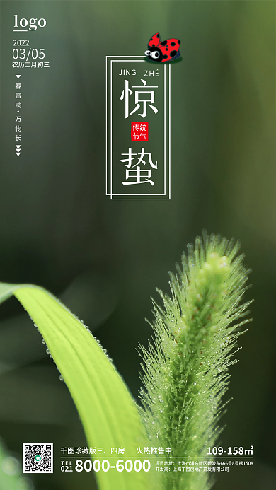 绿色清新文艺传统节气惊蛰节日手机海报