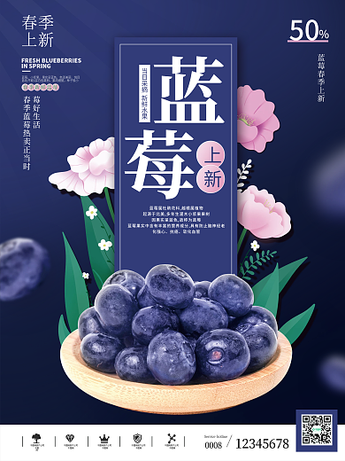 简约风蓝莓春季上新促销海报