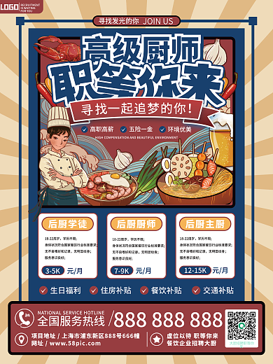 创意简约复古厨师美食招聘海报